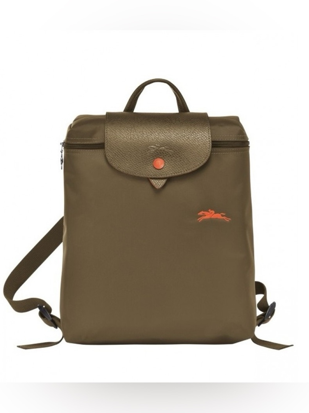 Longchamp Le Pliage Backpack Olive with Orange Accents